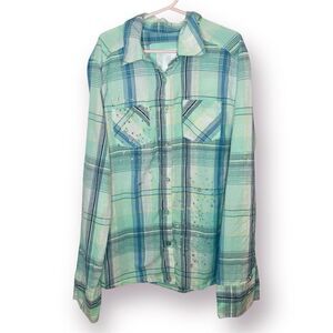 Justice Paint Splatter Silver Thread Plaid Button Down Shirt Green Blue 12